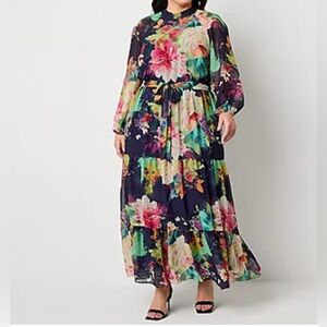 MELANIE, WOMENS MAXI DRESS NAVY MULTICOLOR FLORAL BALLOON SLEEVES HIGH NECK, TIE